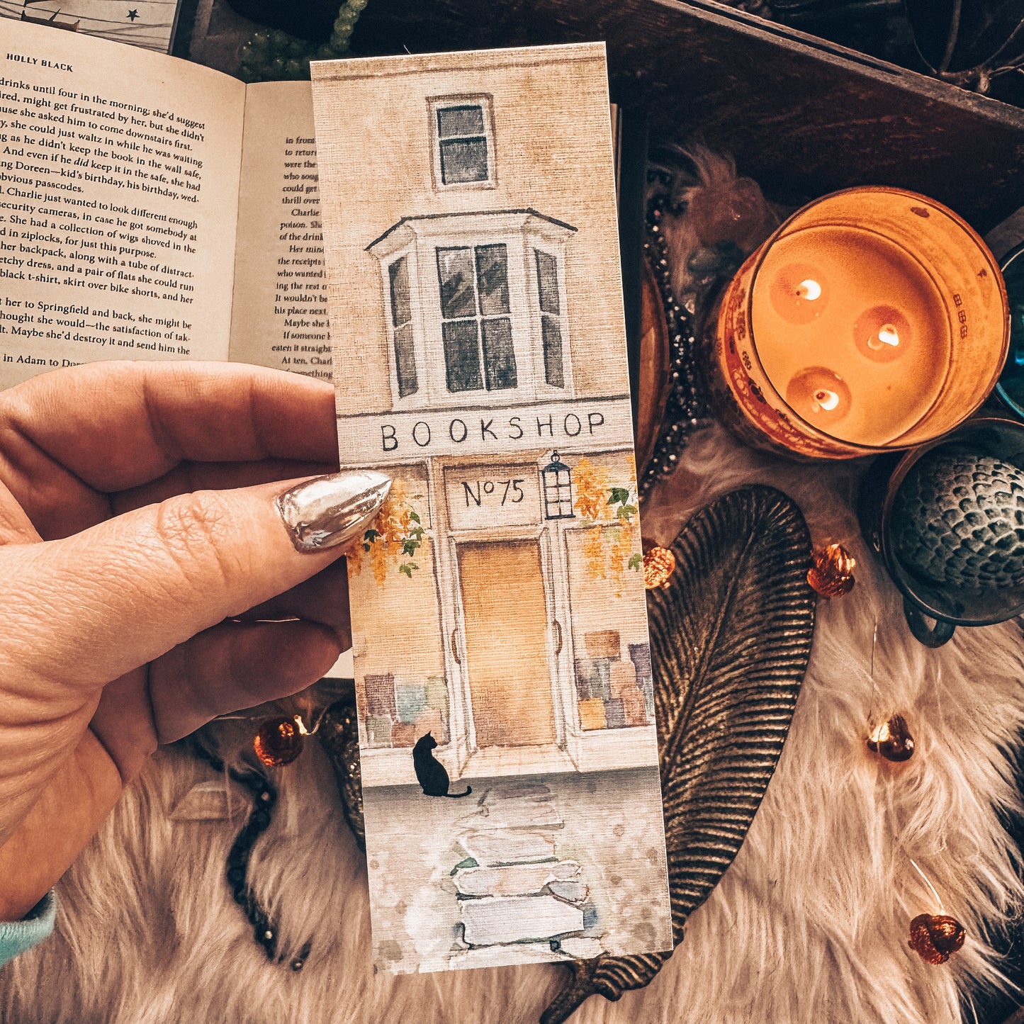 Cozy Bookstore Cat Bookmark – Watercolor Black Cat & Bookshop Scene – Handmade Gift for Readers & Book Lovers