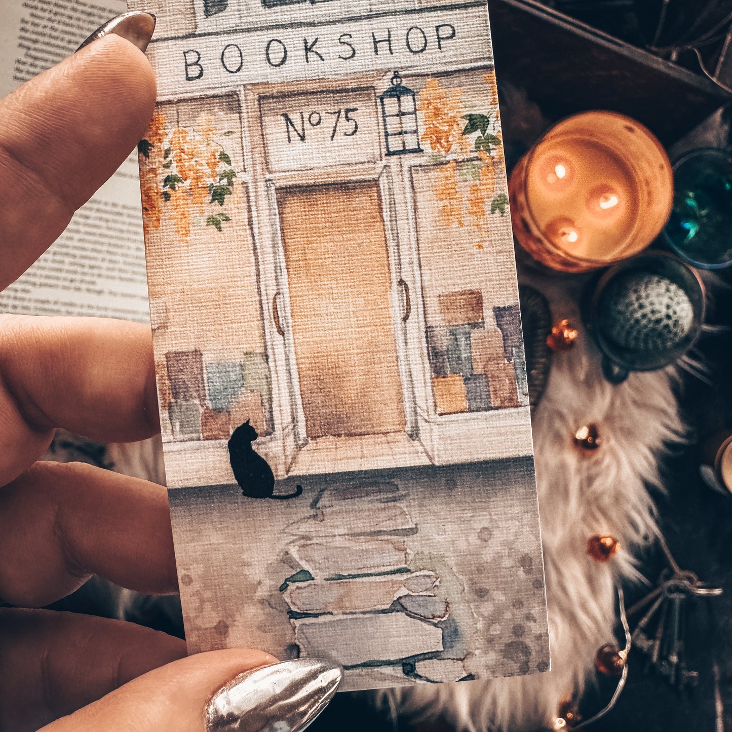 Cozy Bookstore Cat Bookmark – Watercolor Black Cat & Bookshop Scene – Handmade Gift for Readers & Book Lovers