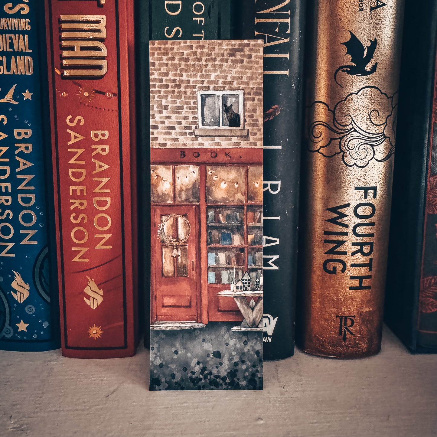 Cozy Holiday Bookstore Bookmark – Watercolor Black Cat & Festive Bookshop Scene – Handmade Gift for Book Lovers