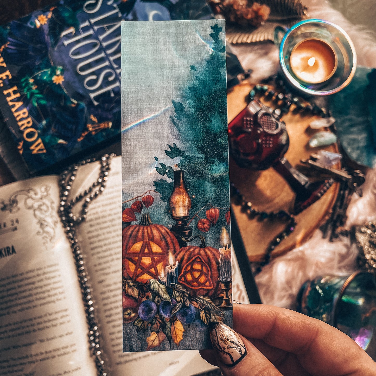 Watercolor Samhain Bookmark, Spooky Setting Halloween Bookmark