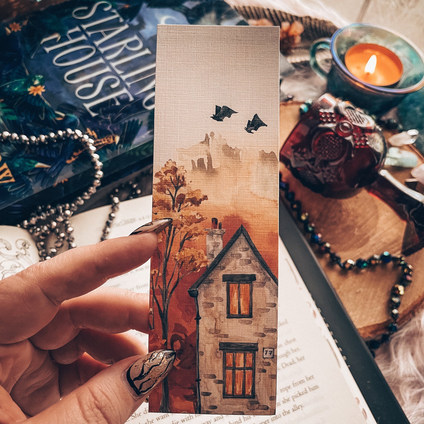 Cozy Fall Landscape Bookmark with Bats