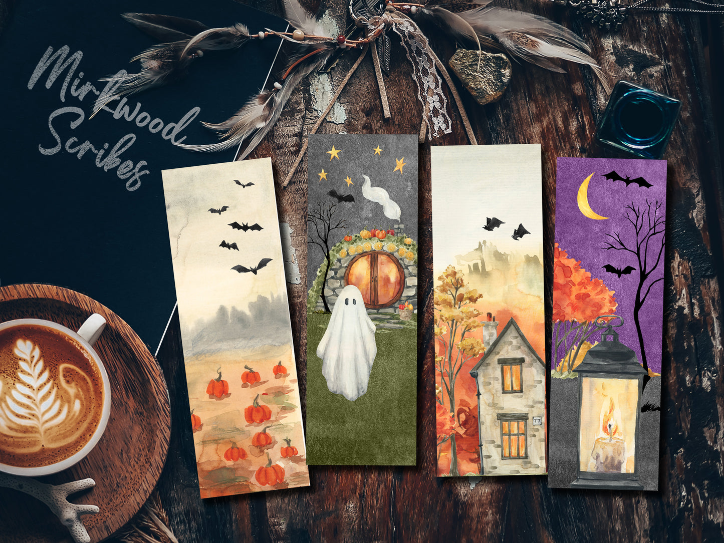 Cozy Fall Landscape Bookmark with Bats