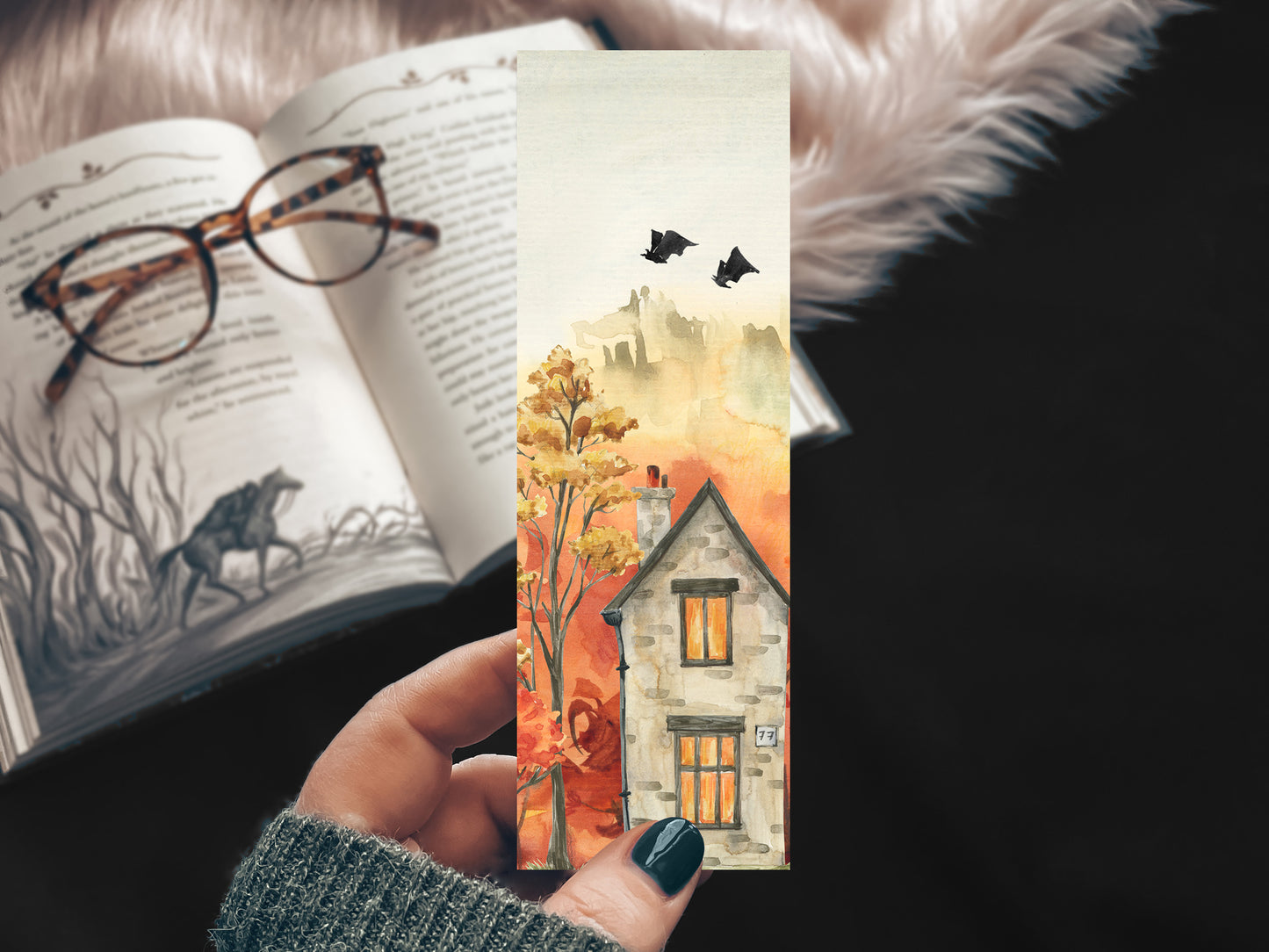 Cozy Fall Landscape Bookmark with Bats