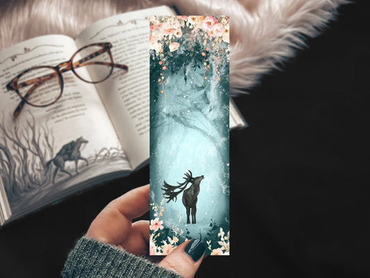Enchanted Forest Deer Watercolor Floral Bookmark