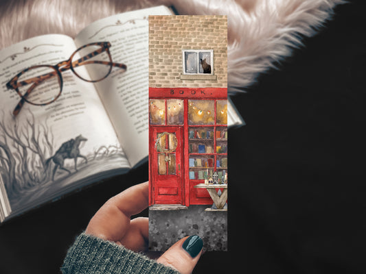 Cozy Holiday Bookstore Bookmark – Watercolor Black Cat & Festive Bookshop Scene – Handmade Gift for Book Lovers