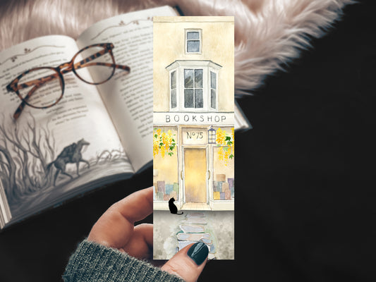 Cozy Bookstore Cat Bookmark – Watercolor Black Cat & Bookshop Scene – Handmade Gift for Readers & Book Lovers