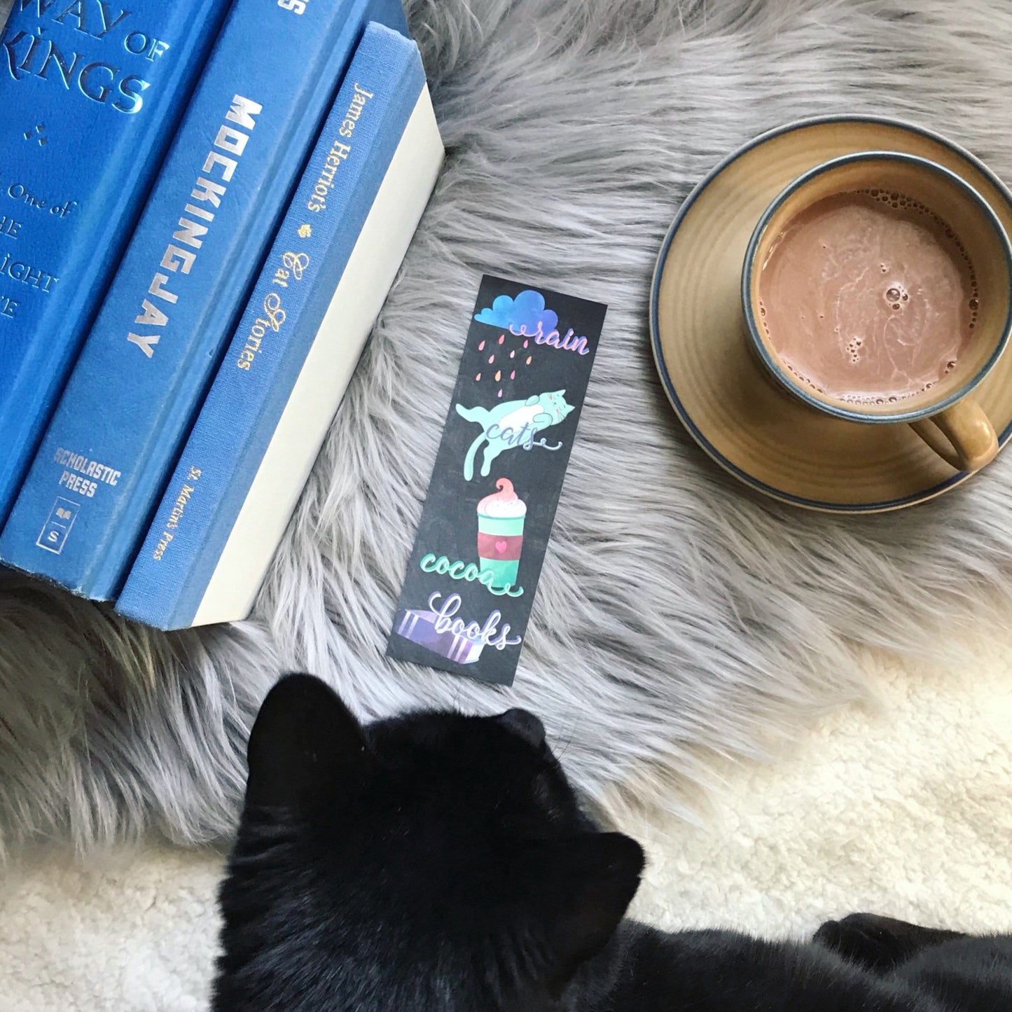 Rain Cats, Cocoa, and Books Bookmark