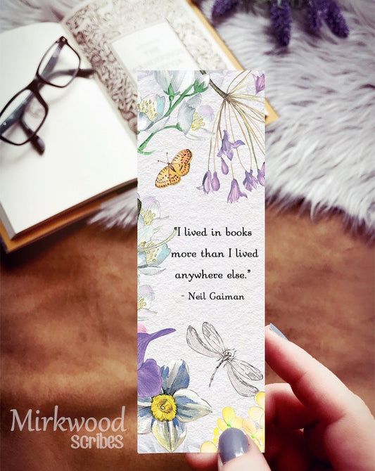 Watercolor Floral Bookmark with Neil Gaiman Quote