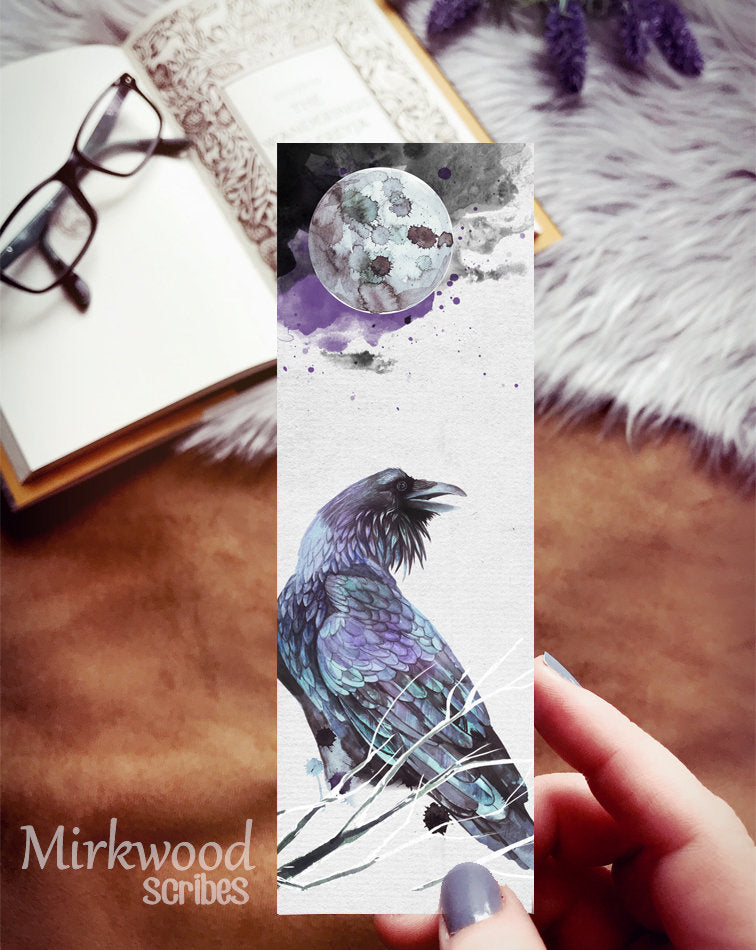 Watercolor Full Moon Raven Bookmark
