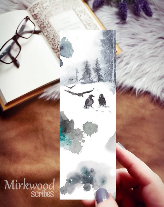 Ravens in the Snow Watercolor Bookmark