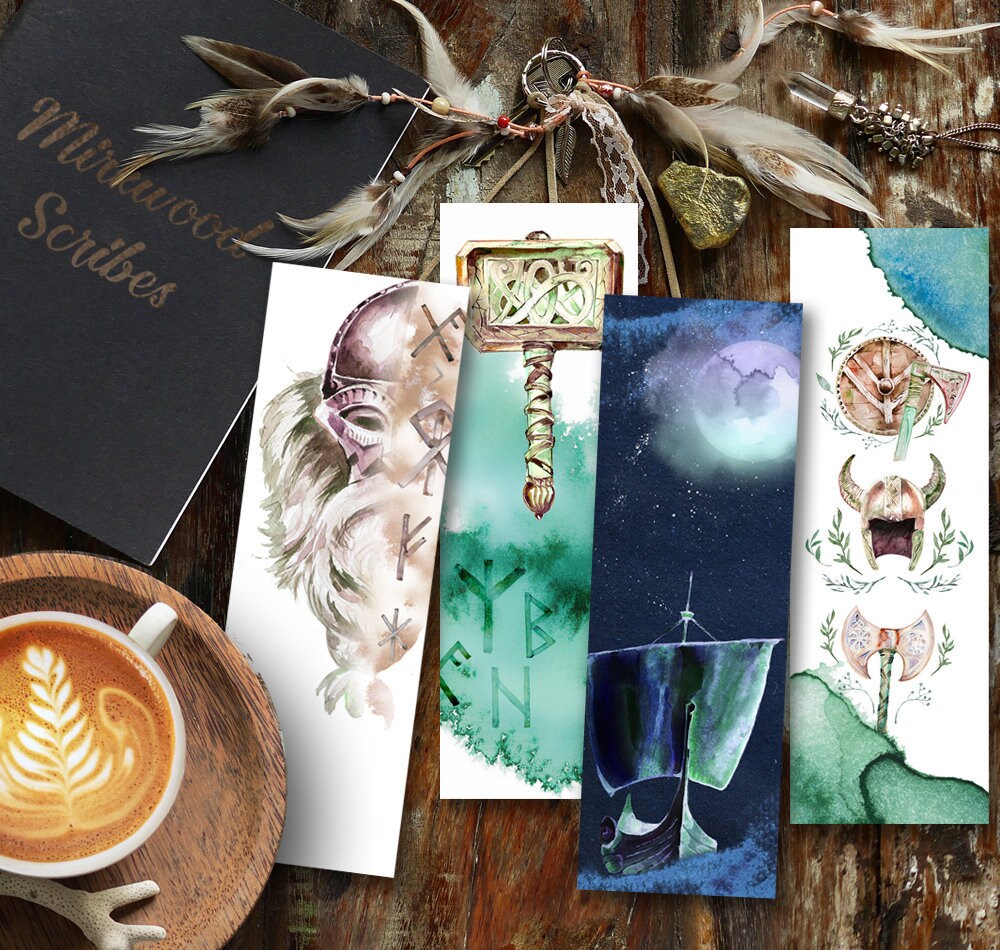 Printable Viking Norse Watercolor Bookmarks Set