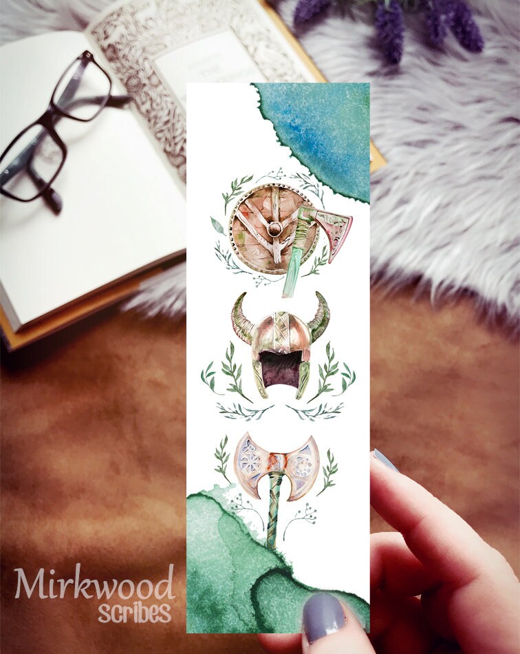 Norse Viking Axe and Helmet Watercolor Bookmark