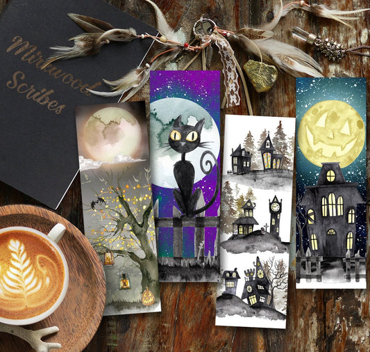 Printable Halloween Black Cat Haunted House Bookmarks Set