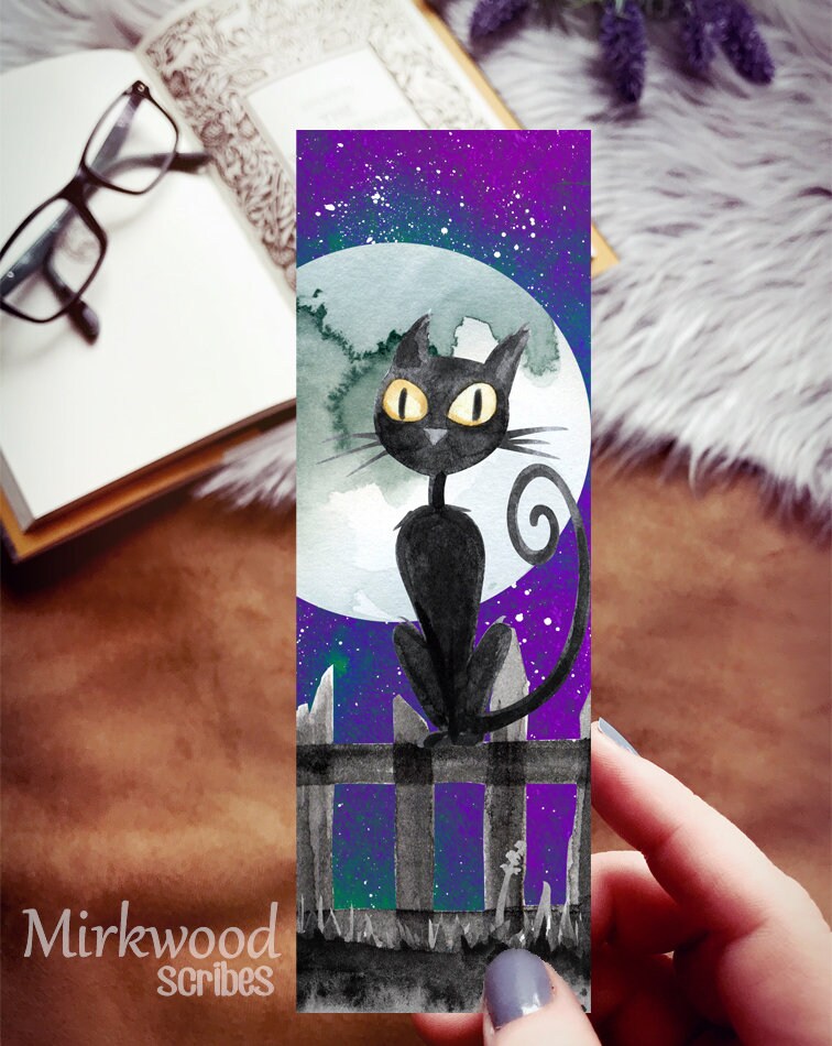 Black Cat Halloween Watercolor Bookmark