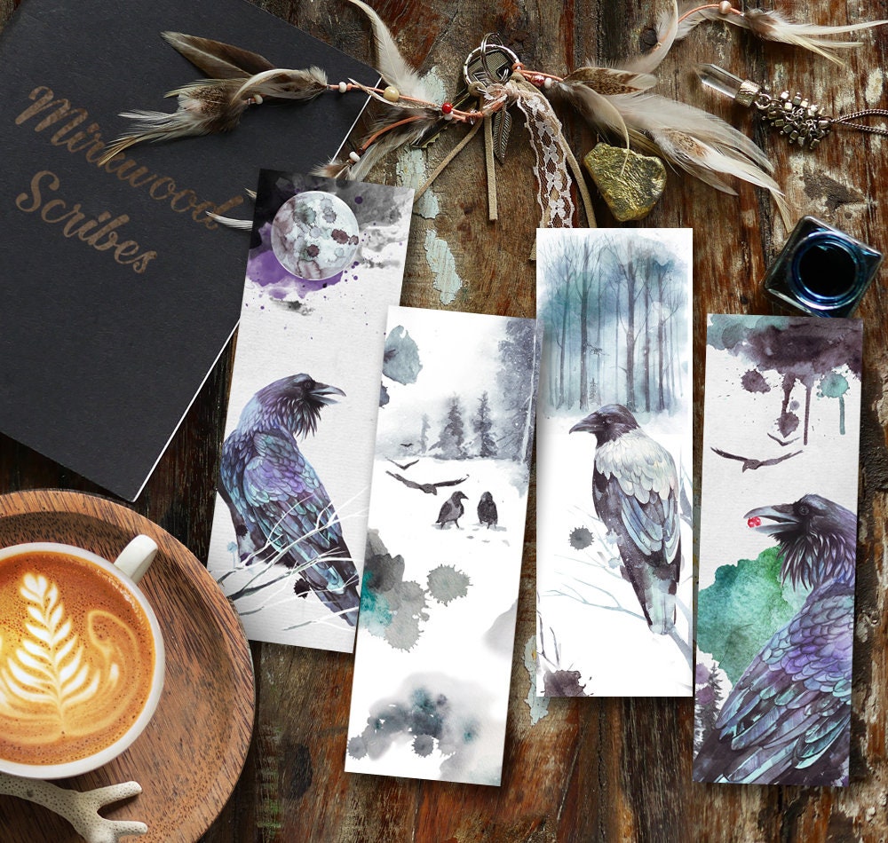 Ravens in the Snow Watercolor Bookmark