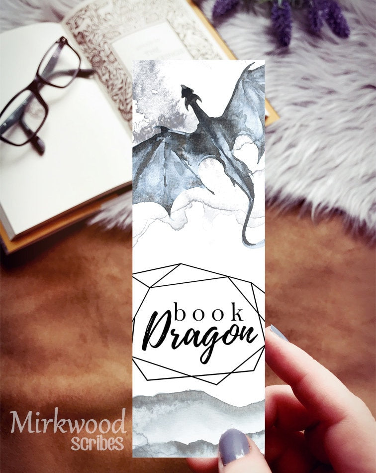 Inky Book Dragon Watercolor Bookmark