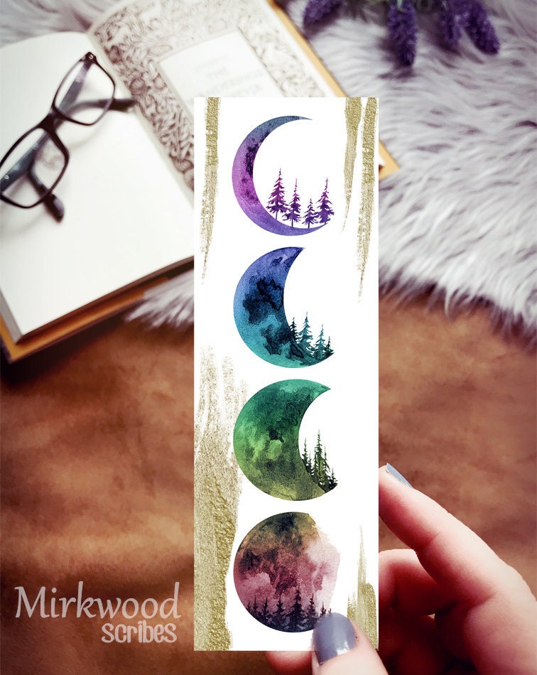 Rainbow Moon Phase Watercolor Bookmark