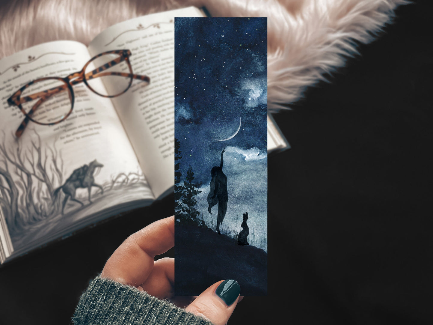 Night Forest Moon Touch Watercolor Bookmark