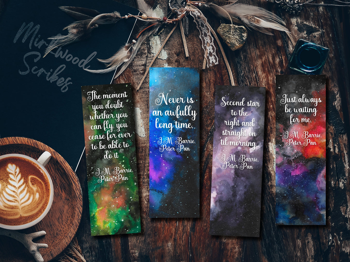 Printable Peter Pan Galaxy Watercolor Bookmarks Set