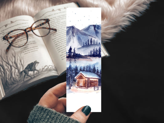 Winter Cabin Watercolor Landscape Bookmark
