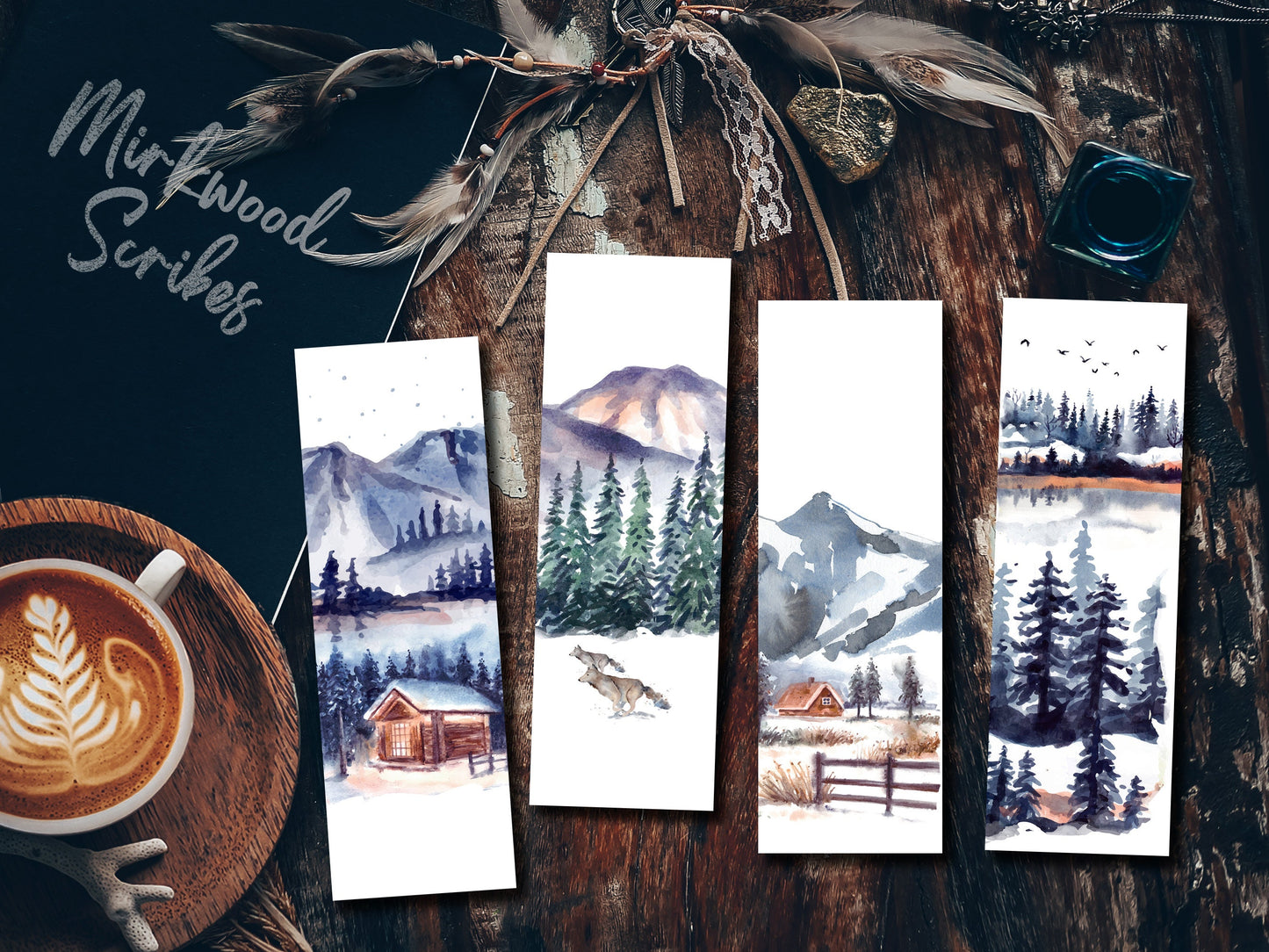 Winter Wolves Watercolor Landscape Bookmark