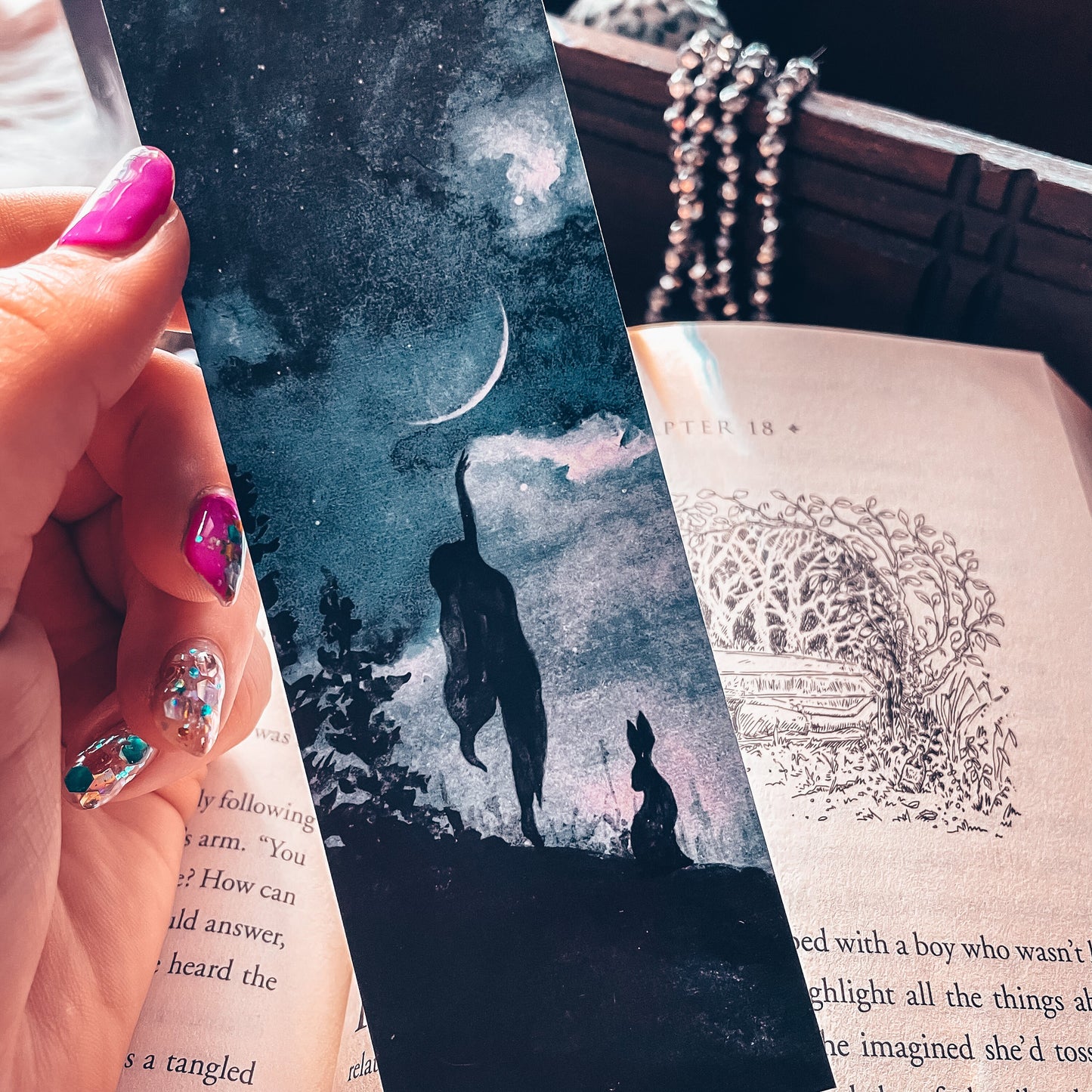 Night Forest Moon Touch Watercolor Bookmark