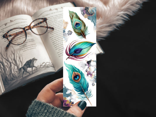 Blue Peacock Feather Watercolor Bookmark