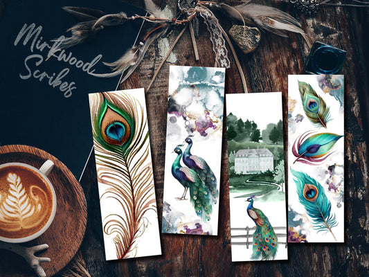 Printable Watercolor Peacock Bookmarks Set