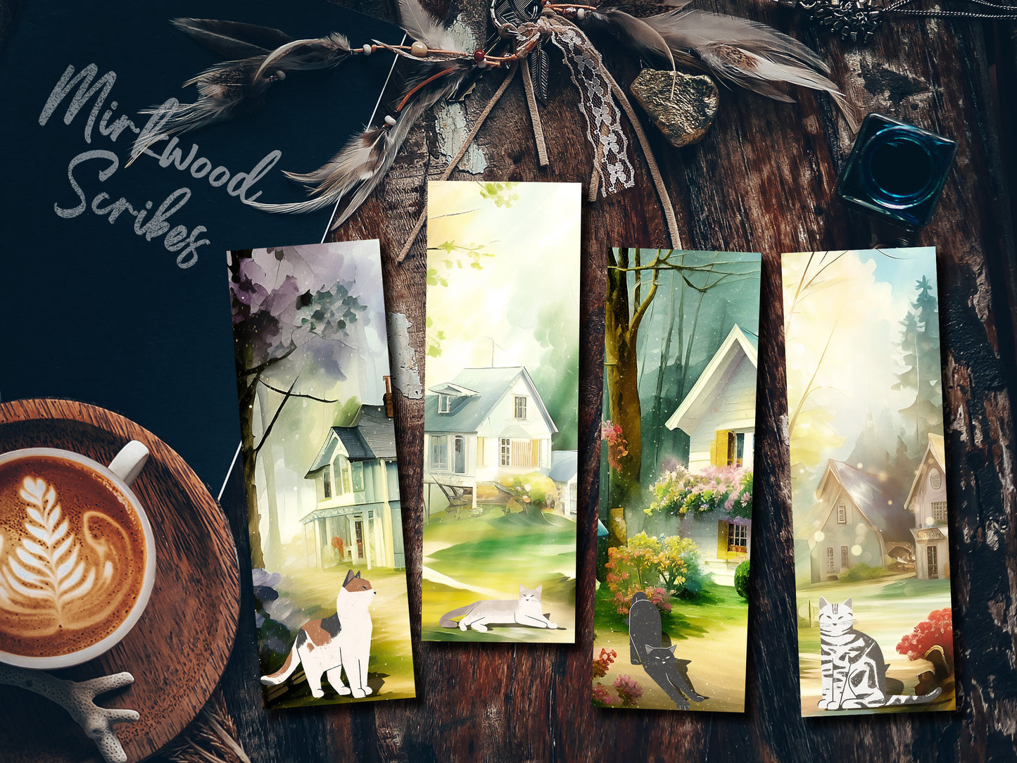 Country Village Gray Cat Watercolor Bookmark