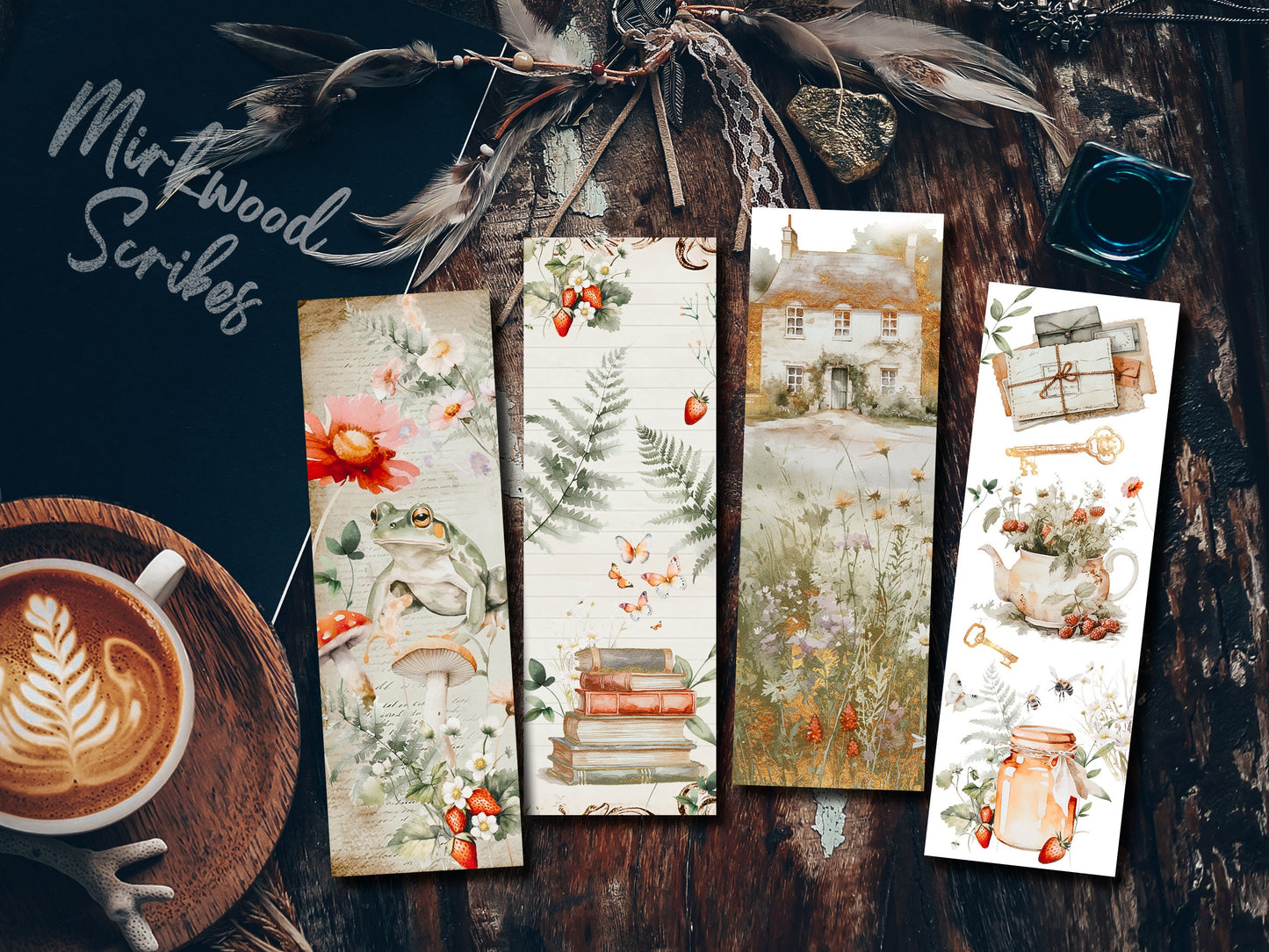 Cottagecore Summer Book Stack with Cozy Wildflowers Watercolor Bookmark