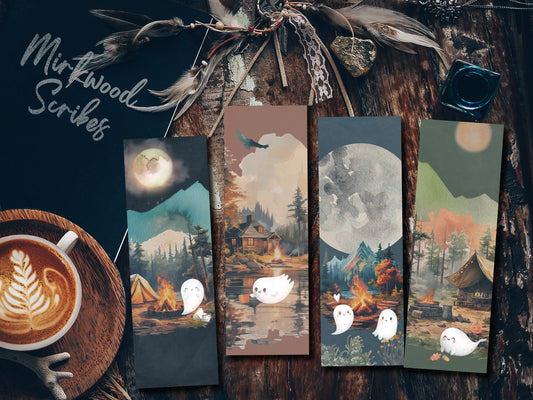 Printable Halloween Cute Camping Ghosts Bookmarks Set