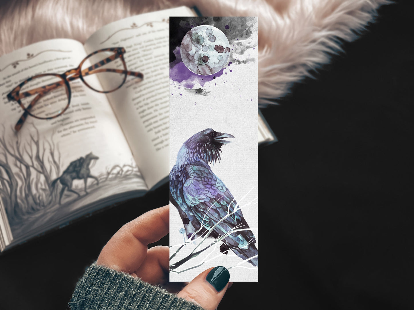 Watercolor Full Moon Raven Bookmark